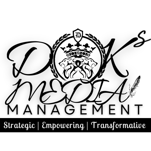 DOKs Media Management logo featuring bold, stylized lettering with a crowned lion crest, and the tagline "Strategic | Empowering | Transformative.